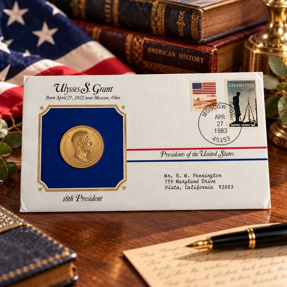 Ulysses S. Grant Presidential Medal Cover 24kt Gold Plated 1983 Postal Society